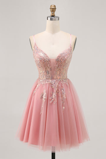 Sparkly Blush A-line Tulle Sequins Short Homecoming Dress with Lace Up Back
